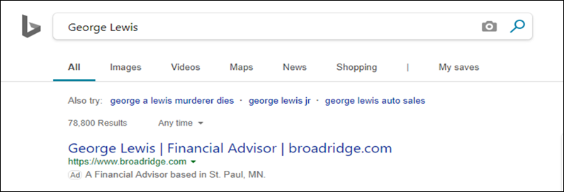 ad appears in Bing